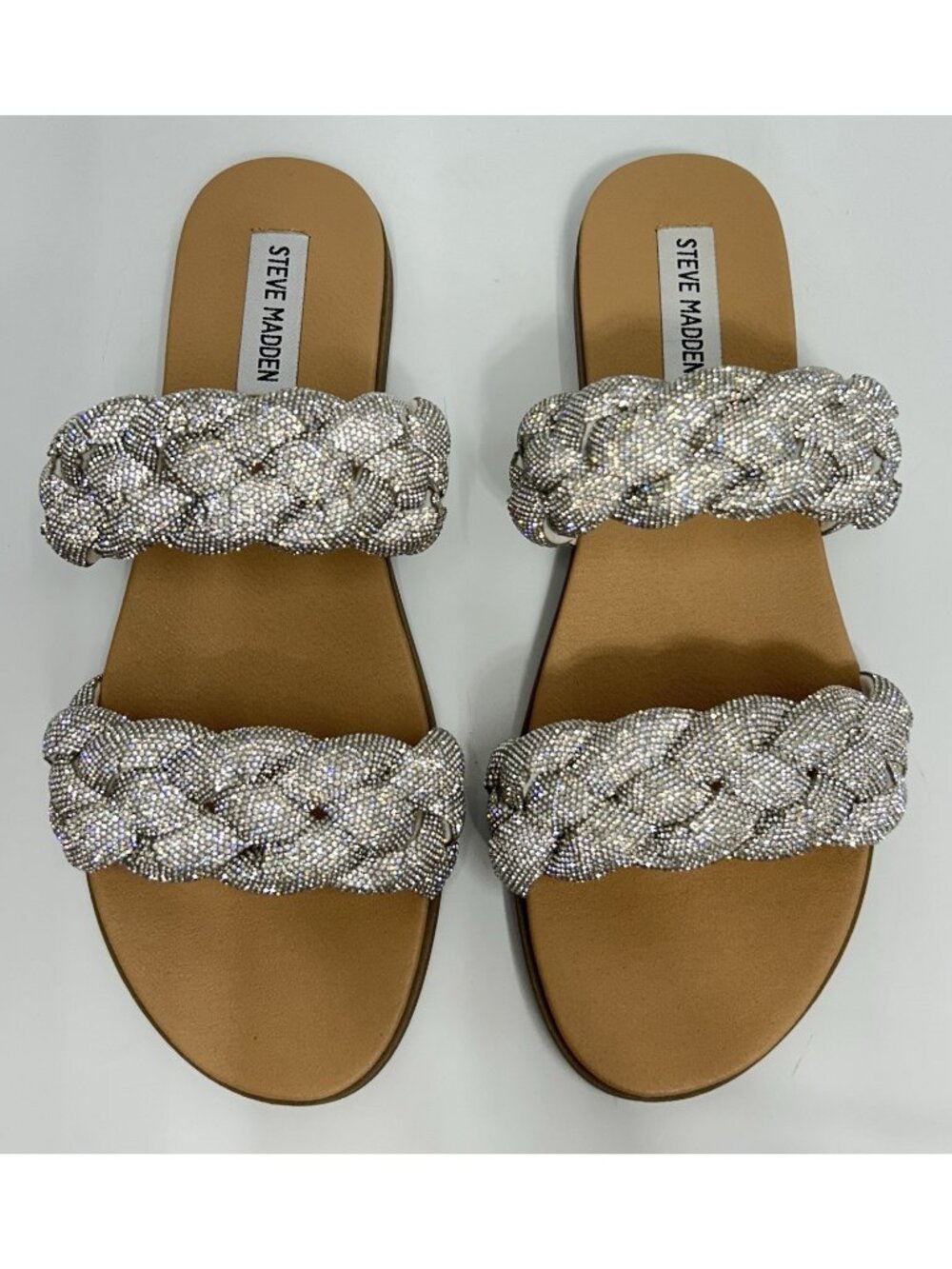 Steve Madden Slide Sandals Braided Rhinestone Silver Bling Women 9.5 MINT W/box - Picture 7 of 14